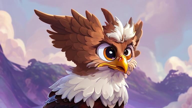 Prompt: cute cartoon griffin with the front half of a golden brown eagle and the back half of a golden lioness and furled golden eagle wings on the back large feathered cat-like ears on her eagle head and big expressive eyes with purple irises and long eyelashes digital art a cute animated film cartoon style