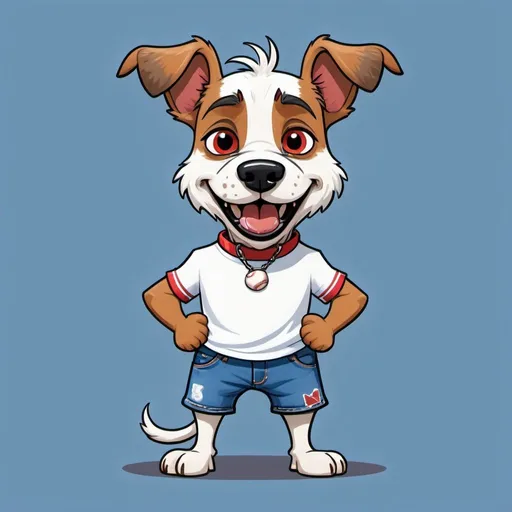 Prompt: an anthropomorphic cartoon terrier dog with predominantly white fur and some brown patches of fur around his eyes and ears. The dog has big rounded expressive eyes with bright blue irises and a smile on his canine face. The dog is wearing a white baseball tee shirt with red sleeves and blue denim shorts and is standing upright. digital art in an animated film cartoon style