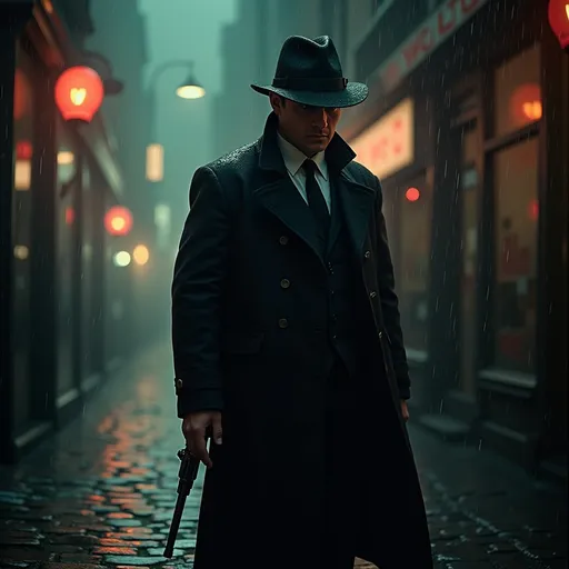 Prompt: dim, night film noir photography, Detective, 1950s, holding revolver, city background, black coat and hat, shadows