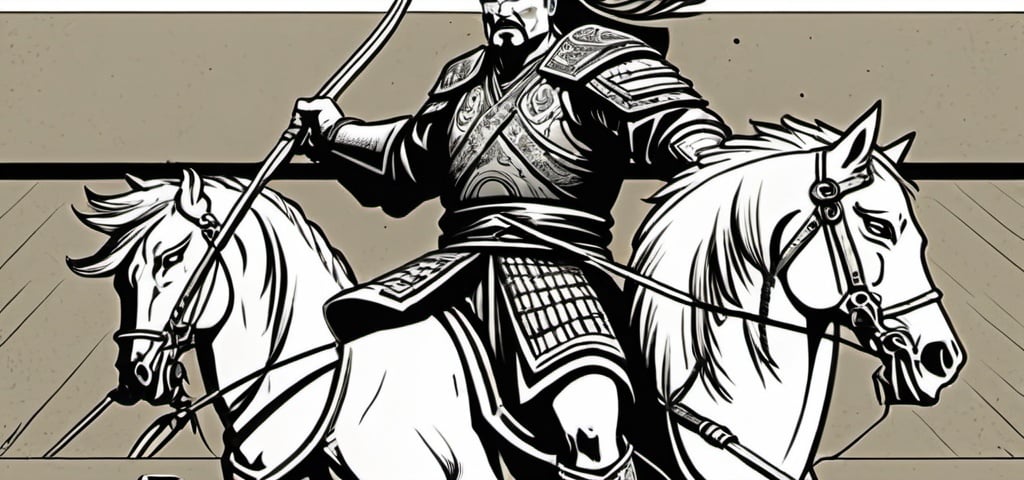 Prompt: Intimidating Genghis khan on a horse with a bow. Comic style, other horde soldiers behind him. Illustration. Make it mexican looking