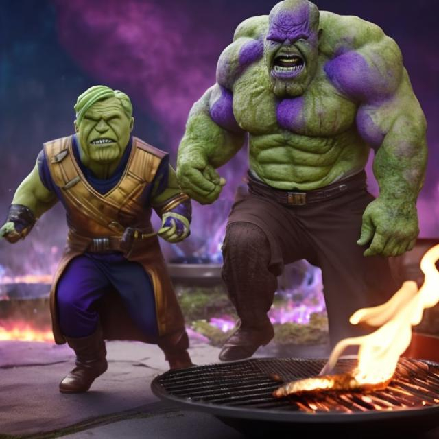 Prompt: grandpa with the grill grilling thanos and the chaos guantlet