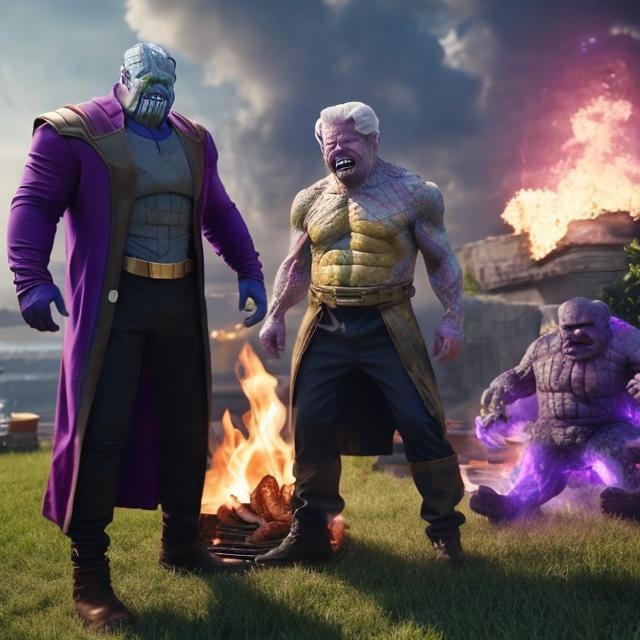 Prompt: grandpa with the grill grilling thanos and the chaos guantlet