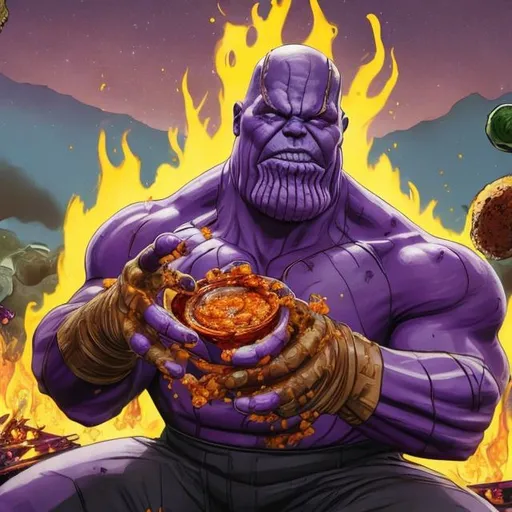 Prompt: thanos at a barbecue eating the chaos guantlet wit hot sauce and giant balls