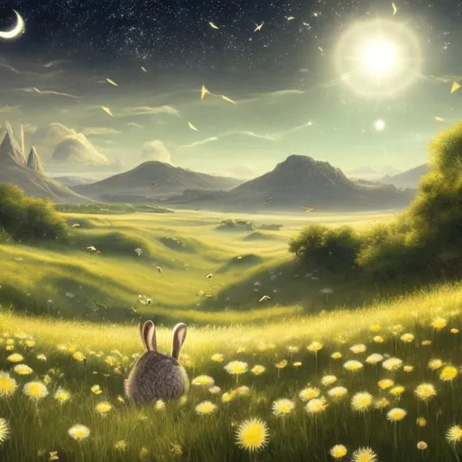 Prompt: an calm landscape with rabbits jumping around and there is a field of dandelions far away and mountains in the vast distance and the sky is filled with a dozens of stars