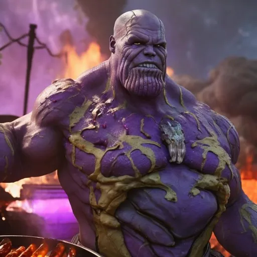 Prompt: thanos at a barbecue eating the chaos guantlet wit hot sauce and giant balls