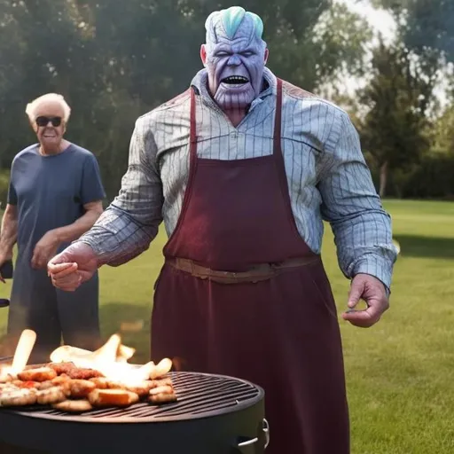 Prompt: grandpa with the grill grilling thanos