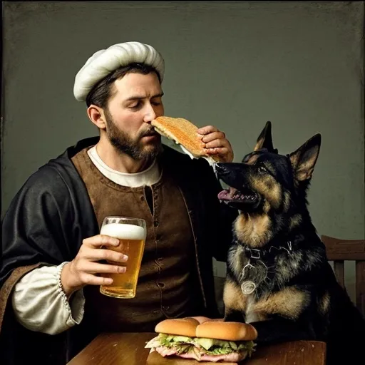 Prompt: Image of a solemn man sharing a beer and a sandwich with his German Shepherd. Not engaging camera. Pious. Renaissance motif.