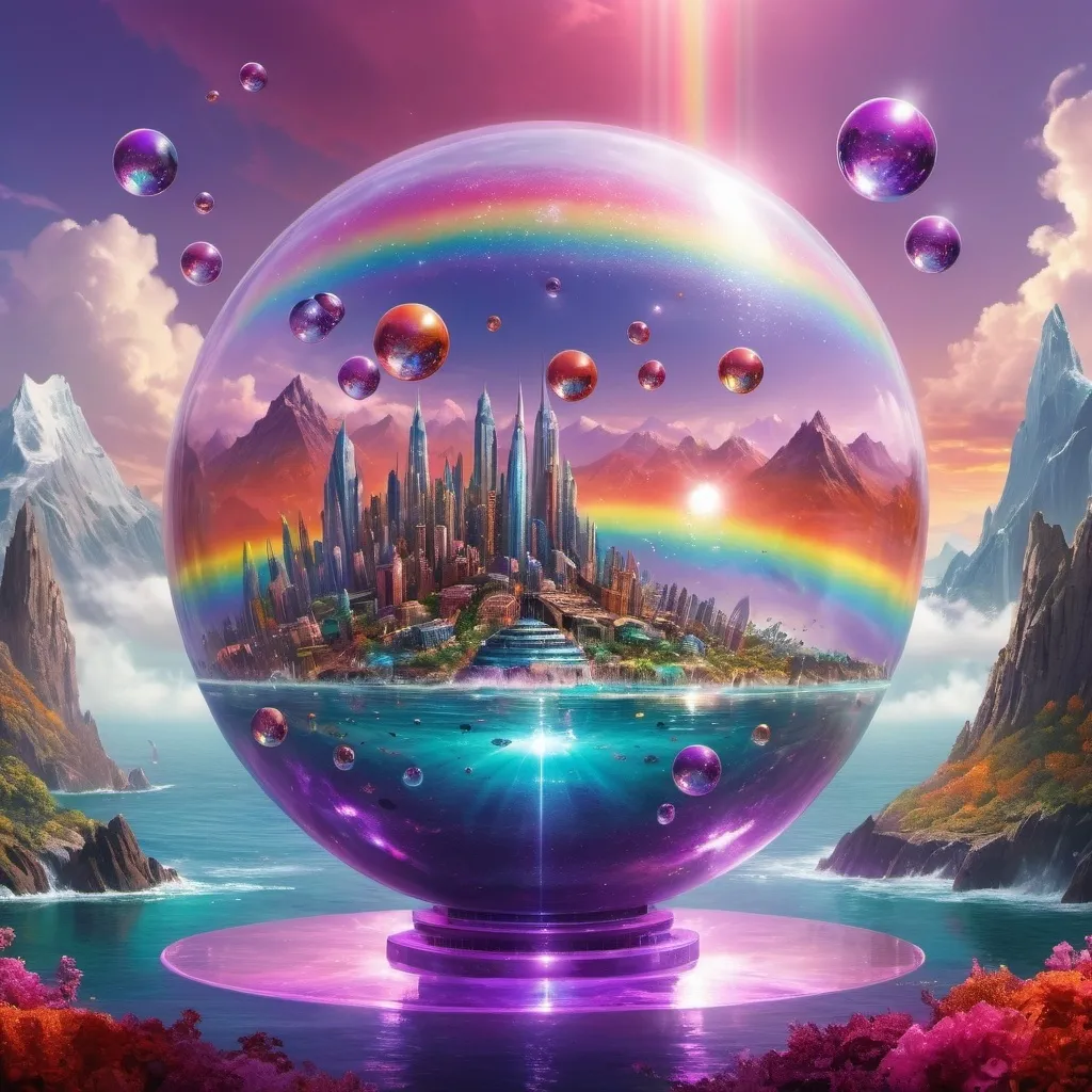 Prompt: ""Brilliant Sphere with a sea Fantasy Realm inside with a beautiful futuristic metropolis with a plethora of floating multi colored orbs and a severely strong radiating rainbow colored brilliant light emanating from the center. A colorful sea scene with mountainous background and gorgeous violet and red sky with many colorful smaller spheres""