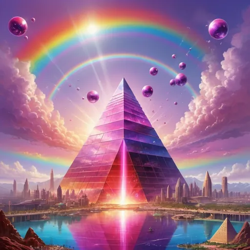 Prompt: ""Bright hardened pyramid over a beautiful futuristic metropolis with a plethora of floating multi colored orbs and a severely strong radiating rainbow colored brilliant light emanating from the center. A colorful sea scene with mountainous background and gorgeous violet and red sky""

