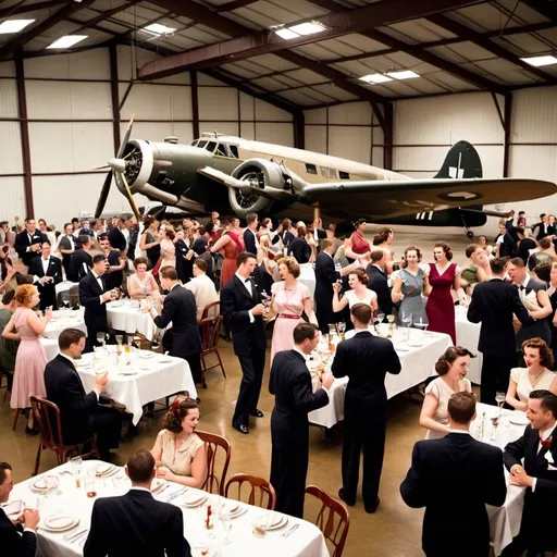 Prompt: big band, dinner, swing dance, 1940s in a hanger, with aircraft from the 1940s


