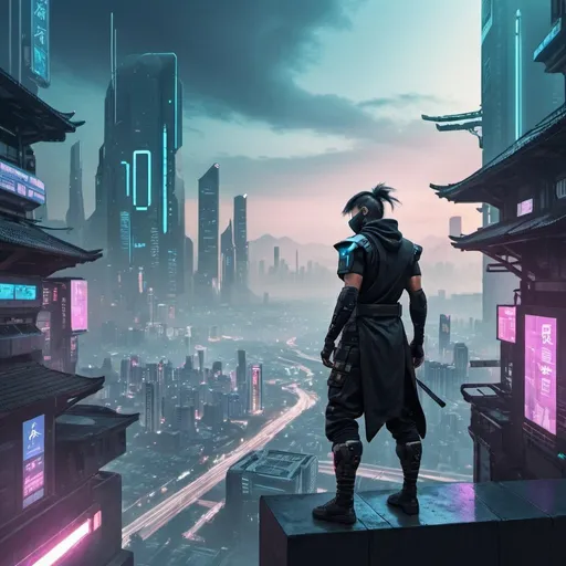 Prompt: a cyberpunk ninja overlooking a futuristic city.
