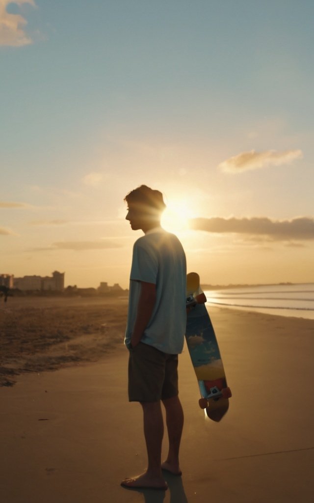 Prompt: a man standing on a beach holding a skateboard under a sun set sky with clouds in the background, Emiliano Ponzi, video art, anamorphic lens flare, a screenshot