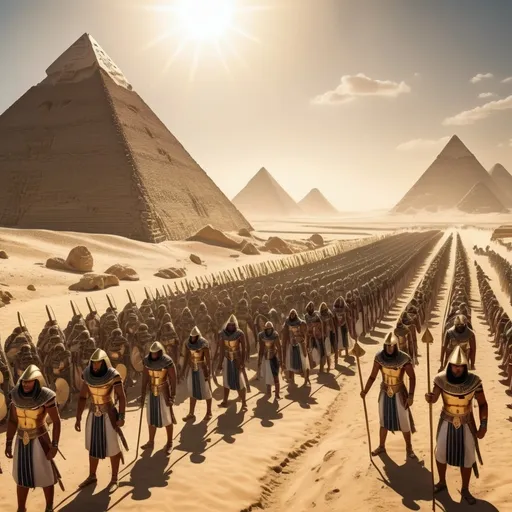 Prompt: (fantasy style) ancient Egypt scene, (millions of troops) and soldiers lined up, (ready for battle), majestic pyramids and highlands in the background, foreground featuring a powerful king in glorious golden equipment, (sun shining brightly) casting dramatic shadows, muted color scheme that enhances a sense of historical gravitas, detailed expressions of soldiers, (ultra-detailed) imagery capturing the grandeur and atmosphere of an epic ancient conflict, (high-quality, 4K).