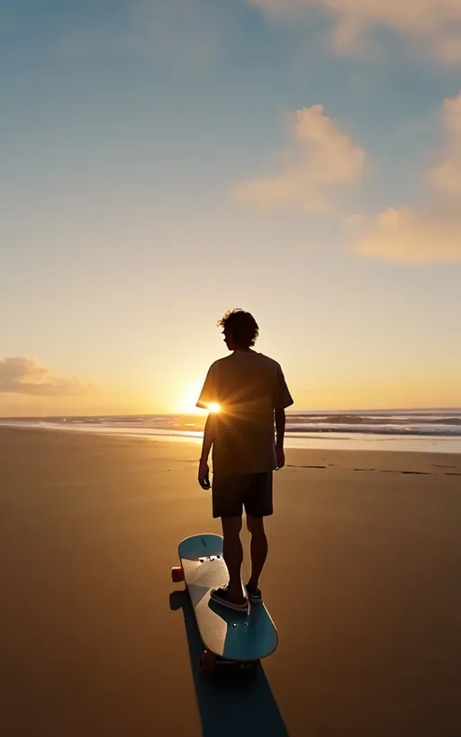 Prompt: a man standing on a beach holding a skateboard under a sun set sky with clouds in the background, Emiliano Ponzi, video art, anamorphic lens flare, a screenshot