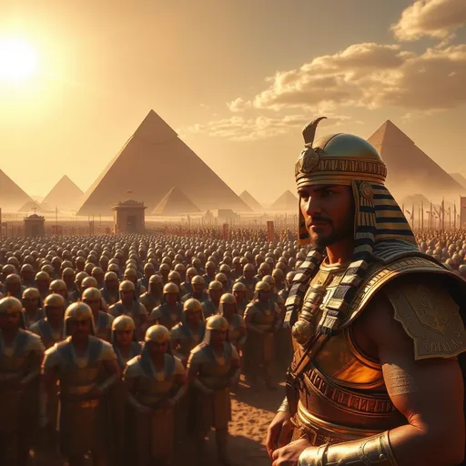 Prompt: (fantasy style) ancient Egypt scene, (millions of troops) and soldiers lined up, (ready for battle), majestic pyramids and highlands in the background, foreground featuring a powerful king in glorious golden equipment, (sun shining brightly) casting dramatic shadows, muted color scheme that enhances a sense of historical gravitas, detailed expressions of soldiers, (ultra-detailed) imagery capturing the grandeur and atmosphere of an epic ancient conflict, (high-quality, 4K).