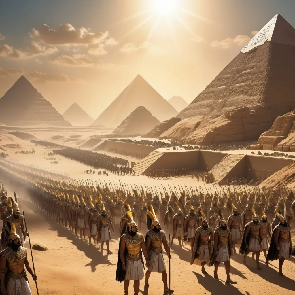 Prompt: (fantasy style) ancient Egypt scene, (millions of troops) and soldiers lined up, (ready for battle), majestic pyramids and highlands in the background, foreground featuring a powerful king in glorious golden equipment, (sun shining brightly) casting dramatic shadows, muted color scheme that enhances a sense of historical gravitas, detailed expressions of soldiers, (ultra-detailed) imagery capturing the grandeur and atmosphere of an epic ancient conflict, (high-quality, 4K).