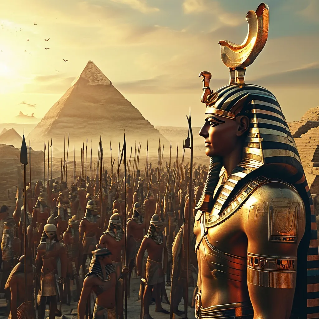 Prompt: Ancient Egypt is developed with soldiers lined up and ready to go to war. The photo is taken from a drone from above and shows ancient Egypt with the pyramids, pharaohs, and highlands. The king is in the foreground and we see his greatness, majesty, golden equipment, and a clear sun.