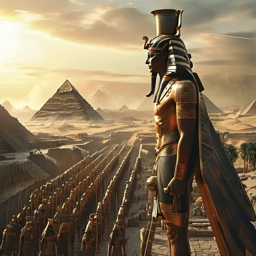 Prompt: Ancient Egypt is developed with soldiers lined up and ready to go to war. The photo is taken from a drone from above and shows ancient Egypt with the pyramids, pharaohs, and highlands. The king is in the foreground and we see his greatness, majesty, golden equipment, and a clear sun.