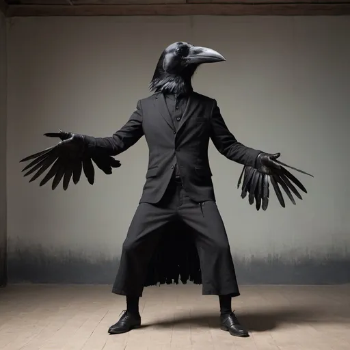 Prompt: A man dressed all in black with a crow's head is dancing to hypnotic music