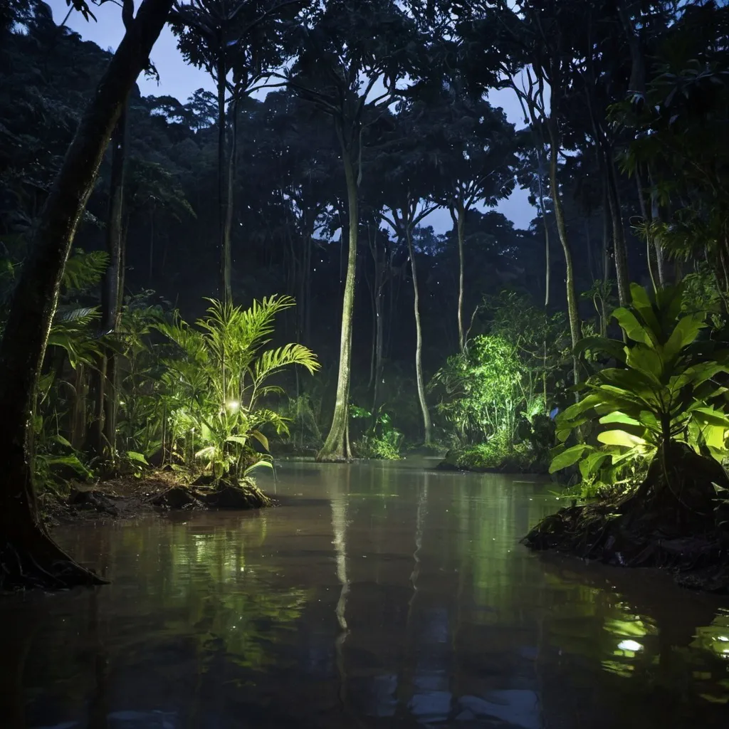 Prompt: Tropical rain Forrest at night with water and many trees 