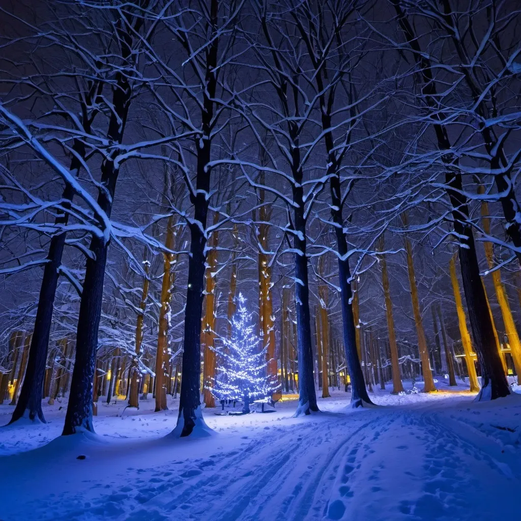 Prompt: A forest full with snow at night Christmas light on the tree