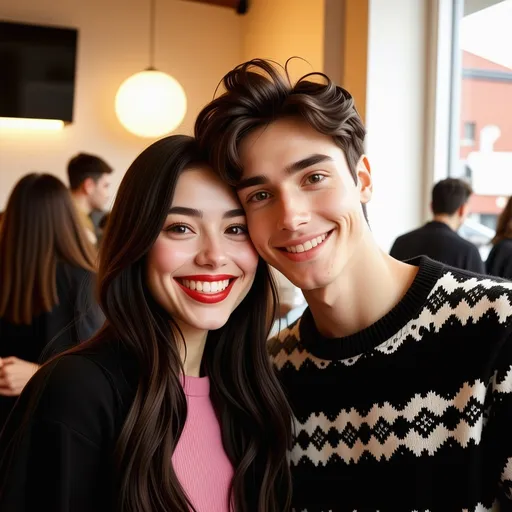 Prompt: In a cozy indoor setting, a young couple is captured in a selfie, exuding warmth and camaraderie. The girl, sporting long dark hair and a soft pink shirt, smiles brightly, accentuated by her bold red lipstick, while the boy beside her, dressed in a black sweater featuring a stylish white pattern, gazes confidently at the camera. Their expressions reflect a joyful moment shared between them, with a fellow attendee partially visible in the background, adding a touch of liveliness to the scene. The atmosphere suggests a relaxed gathering, illuminated by soft light that highlights the couple’s playful engagement amidst other casual interactions.