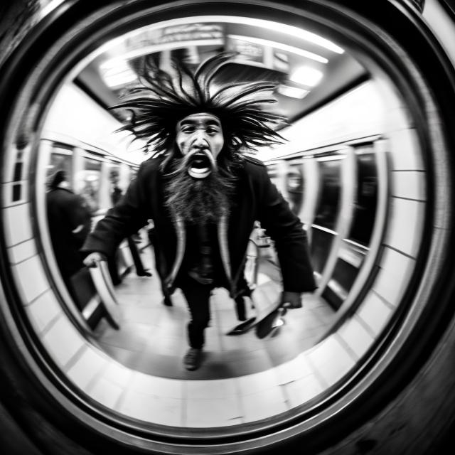 Prompt: fisheye lens of a crazy wizard causing chaos in a subway. Workers in fear