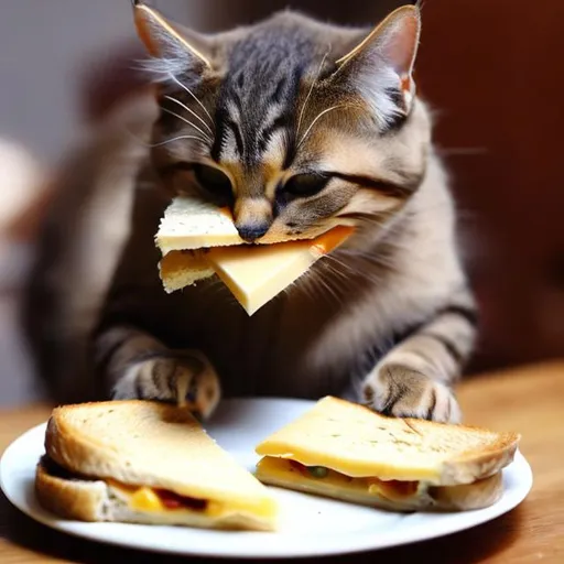 Prompt: cat eating cheese sandwich