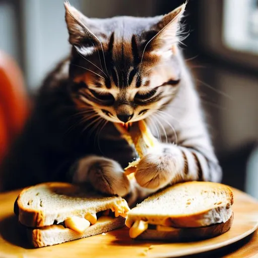 Prompt: cat eating cheese sandwich