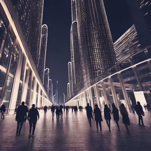 Prompt: Big City Life. Urban people walking between big towers. It is night

