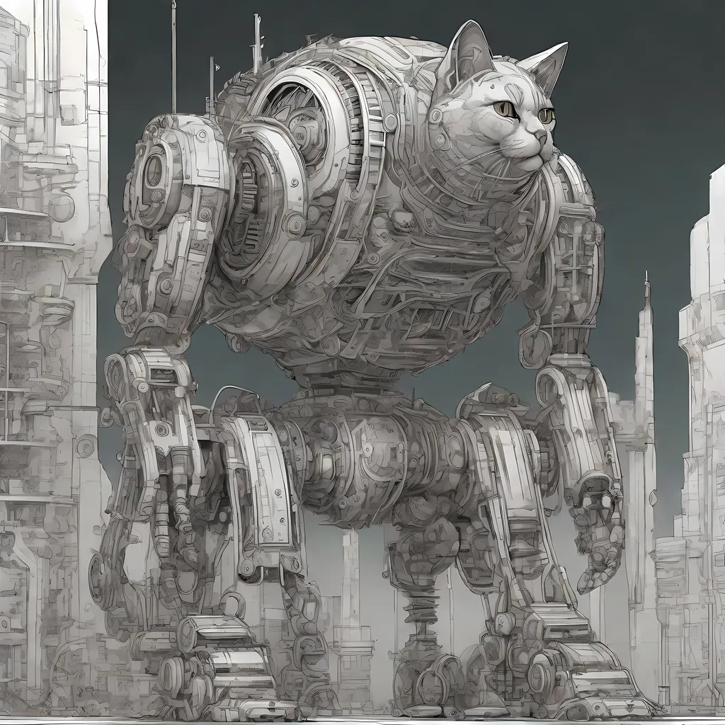 Prompt: complex gears, Aurieha steel texture, chempunk, ultra detailed, a giant futuristic castle droid cat, in the style of space comic art, tadao ando, fine line detailing, japanese manga inspired, sharp angles, by Midorikawa Yuki