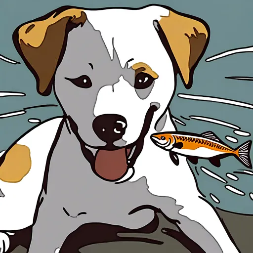 Prompt: <mymodel> a dog has a fish in it mouth, feels like Japanese anime