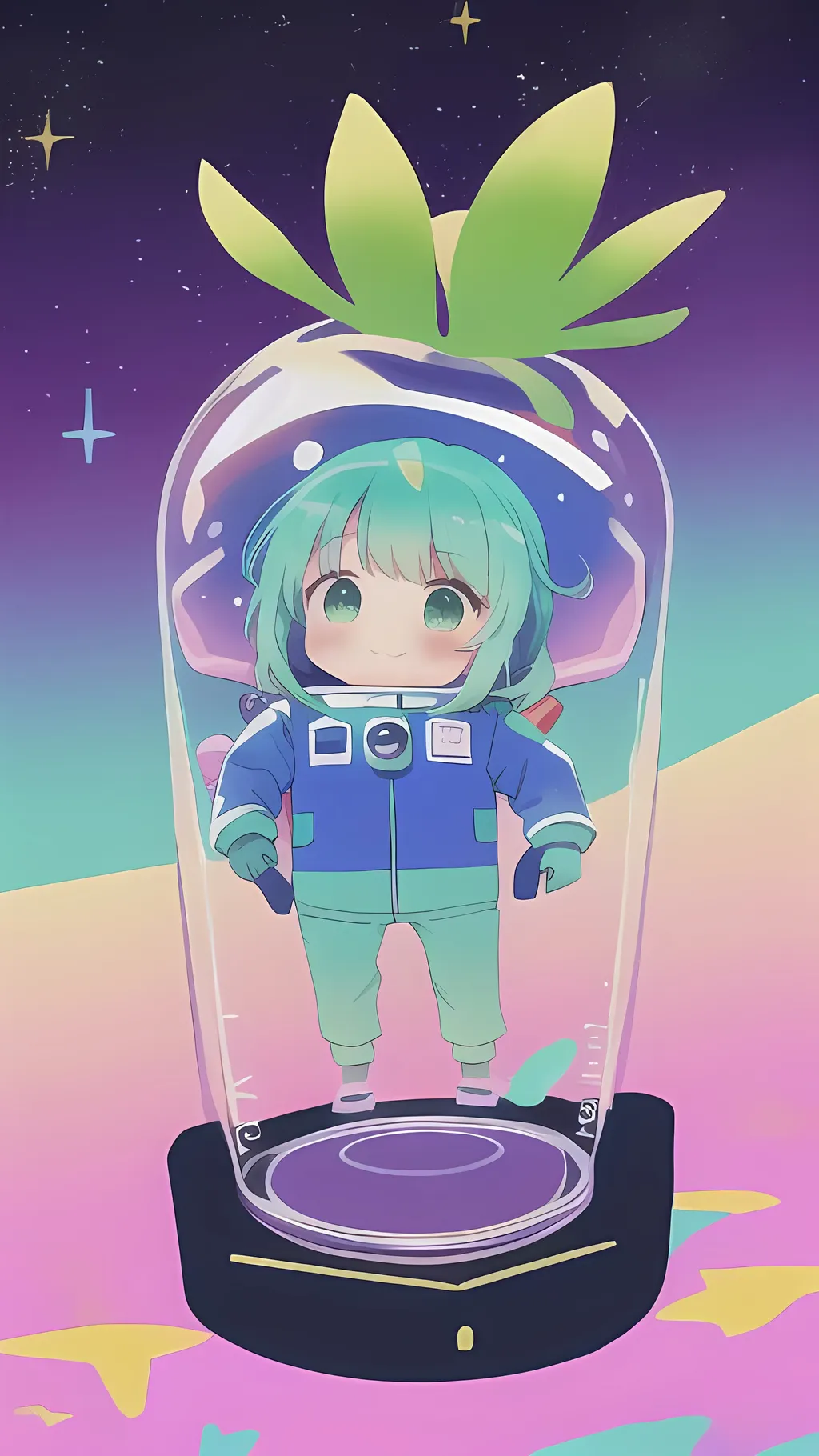 Prompt: Cute cactus with astronaut suit floating in space colors turquoise violet and Pink