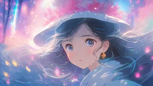 Prompt: Long sleeves, by studio Ghibli, the female magician with the magic hat is doing magic, beautiful eyes, detailed face, vaporwave, highly detailed, 64K UHD, HDR, Bokeh, by MSchiffer, feels like HongKong anime, soft anime tones, vibrant colors