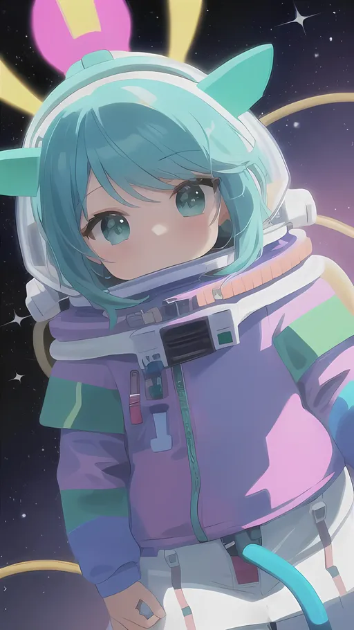 Prompt: Cute cactus with astronaut suit floating in space colors turquoise violet and Pink