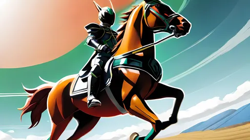 Prompt: full body, a kamen rider riding a horse, long shot, ultra detailed, inspired by Kamen Rider OOO, like Japanese anime, retro style, fine line detailing, japanese manga, sharp angles, 3D expression, long legs