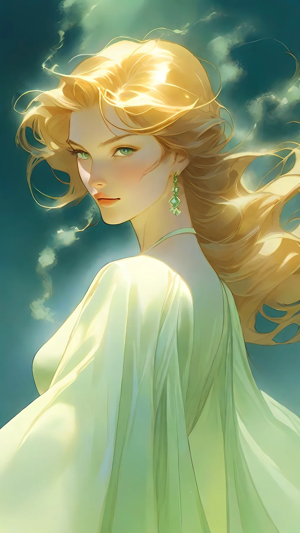 Prompt: an illustration of a white mist woman standing, green eyes, feels like Marvel manga, cover her hands with long sleeves, luminous mist forming, in the style of cyril ronaldo, dark azure and light amber, feminine body, air organic forms, translucent mist, realistic marine paintings, joe madureira, botticelli-esque figures, detailed character illustrations