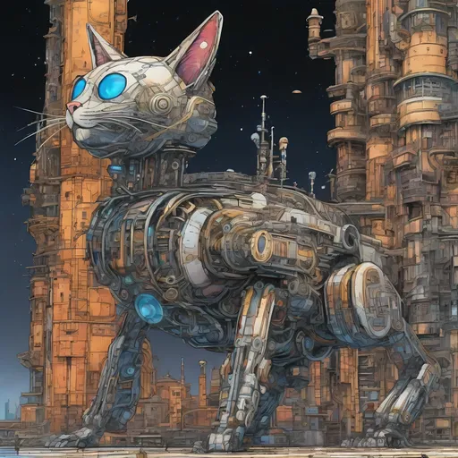 Prompt: vivid colors, complex gears, Aurieha steel texture, chempunk, ultra detailed, a giant futuristic castle droid cat, in the style of space comic art, tadao ando, fine line detailing, japanese manga inspired, sharp angles, by Midorikawa Yuki