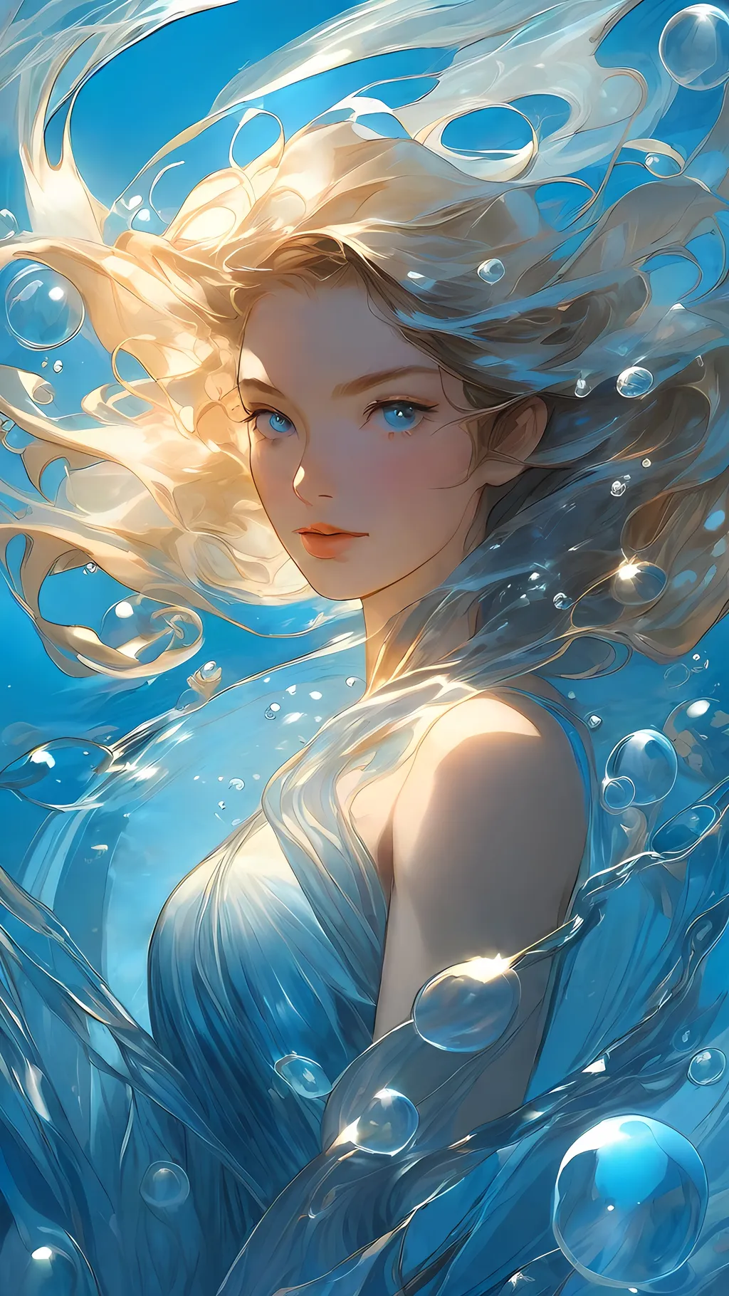 Prompt: an illustration of a blue liquid woman standing, beautiful eyes, feels like Marvel manga, long sleeves, luminous bubbles forming, in the style of cyril ronaldo, dark azure and light amber, feminine body, fluid organic forms, translucent water, realistic marine paintings, joe madureira, botticelli-esque figures, detailed character illustrations