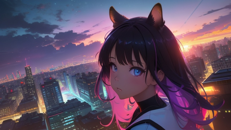 Prompt: remote view picture, clean composition, minimalism, digital painting: {the girl dressed as a squirrel sitting on a roof} crashed planes in the sky, detailed face, beautiful eyes, purple and blue neon, POV, wide-angle, tilt-shift,long exposure, Bokeh, highly detailed, 64K, strong texture, high quality, ambient occlusion, vivid colors, glamorous, nuanced colors, HDR, artgerm, ultra sharp focus, trending on pixiv, Modern art, Psychedelic art, by MSchiffer, by WLOP