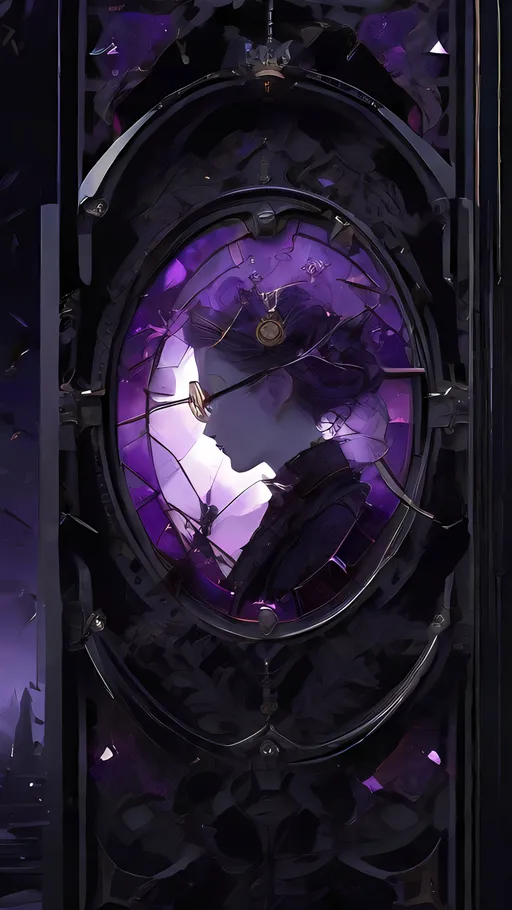 Prompt: it is standing, view from broken glasses, in the style of intricate steampunk, dark black and violet, otherworldly illustrations, shattered realities, trapped emotions, realistic color palette