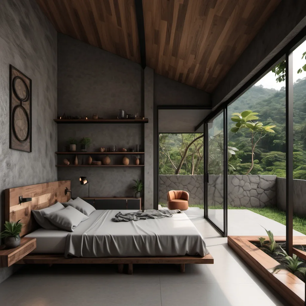 Prompt: generar diseño del interior de una habitación de una casa de descanso pequeña ubicada en las afueras de jalapa guatemala, terreno abierto con  bosque, sobre una montaña, hecho con materiales como piedra, madera, metal y concreto expuesto estilo, incluir decoracion en paredes con cuadros, arte  deseño de la casa minimalista y campestre