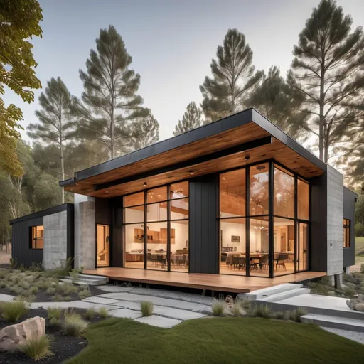 Prompt: generate plans for a one-story home located on natural open land with materials such as wood, concrete and metal