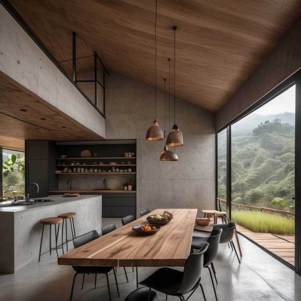 Prompt: generar diseño del interior de un área de sala comedor y cocina de una casa de descanso pequeña ubicada en las afueras de jalapa guatemala, terreno abierto con  bosque, sobre una montaña, hecho con materiales como piedra, madera, metal y concreto expuesto estilo, incluir decoracion en paredes con cuadros, arte  deseño de la casa minimalista y campestre