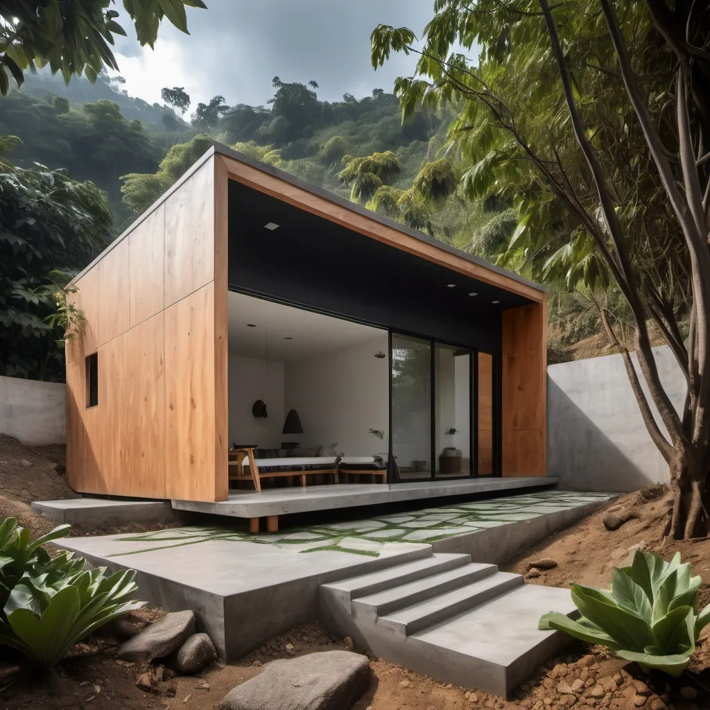 Prompt: generar una casa de descanso pequeña ubicada en las afueras de jalapa guatemla, terreno abierto con vegetación, hecho con materiales como piedra, madera, metal y concreto expuesto estilo minimalista y campestre