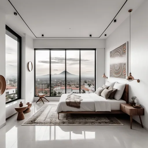 Prompt: generar el diseño de habitación con decoración eclectica, con vista la ciudad de Guatemala, piso de porcelanato blanco y detalles minimalistas y arte de maya en los muro