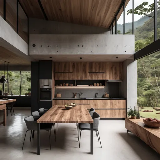 Prompt: generar diseño del interior de un área de sala comedor y cocina de una casa de descanso pequeña ubicada en las afueras de jalapa guatemala, terreno abierto con  bosque, sobre una montaña, hecho con materiales como piedra, madera, metal y concreto expuesto estilo, incluir decoracion en paredes con cuadros, arte  deseño de la casa minimalista y campestre