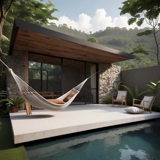 Prompt: generar diseño de área de descansado exterior con hamaca, fogata y una piscina natural pequeña de una casa de descanso pequeña ubicada en las afueras de jalapa guatemala, terreno abierto con  bosque, sobre una montaña, hecho con materiales como piedra, madera, metal y concreto expuesto estilo, incluir decoracion en paredes con cuadros, arte  deseño de la casa minimalista y campestre