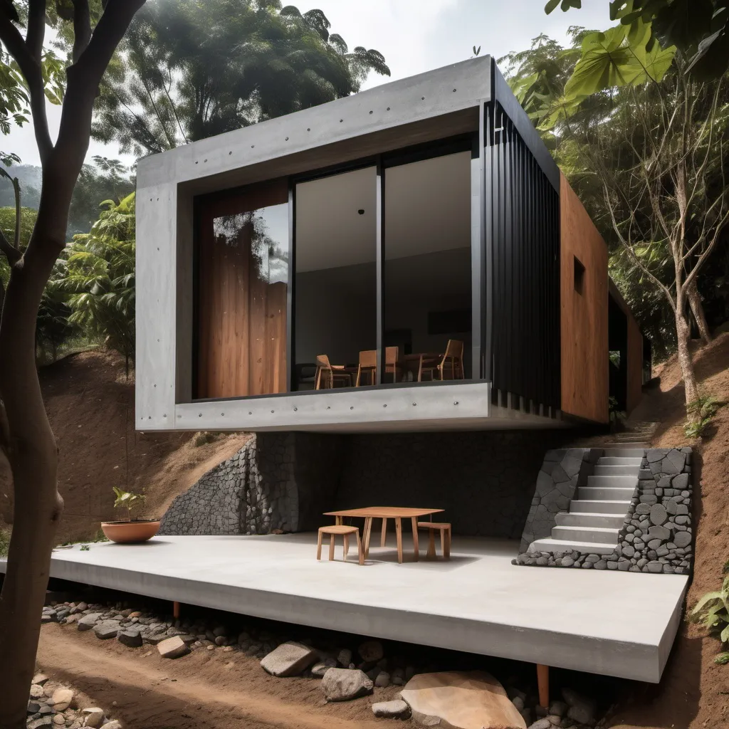 Prompt: generar una casa de descanso pequeña ubicada en las afueras de jalapa guatemla, terreno abierto con vegetación, hecho con materiales como piedra, madera, metal y concreto expuesto estilo minimalista y campestre