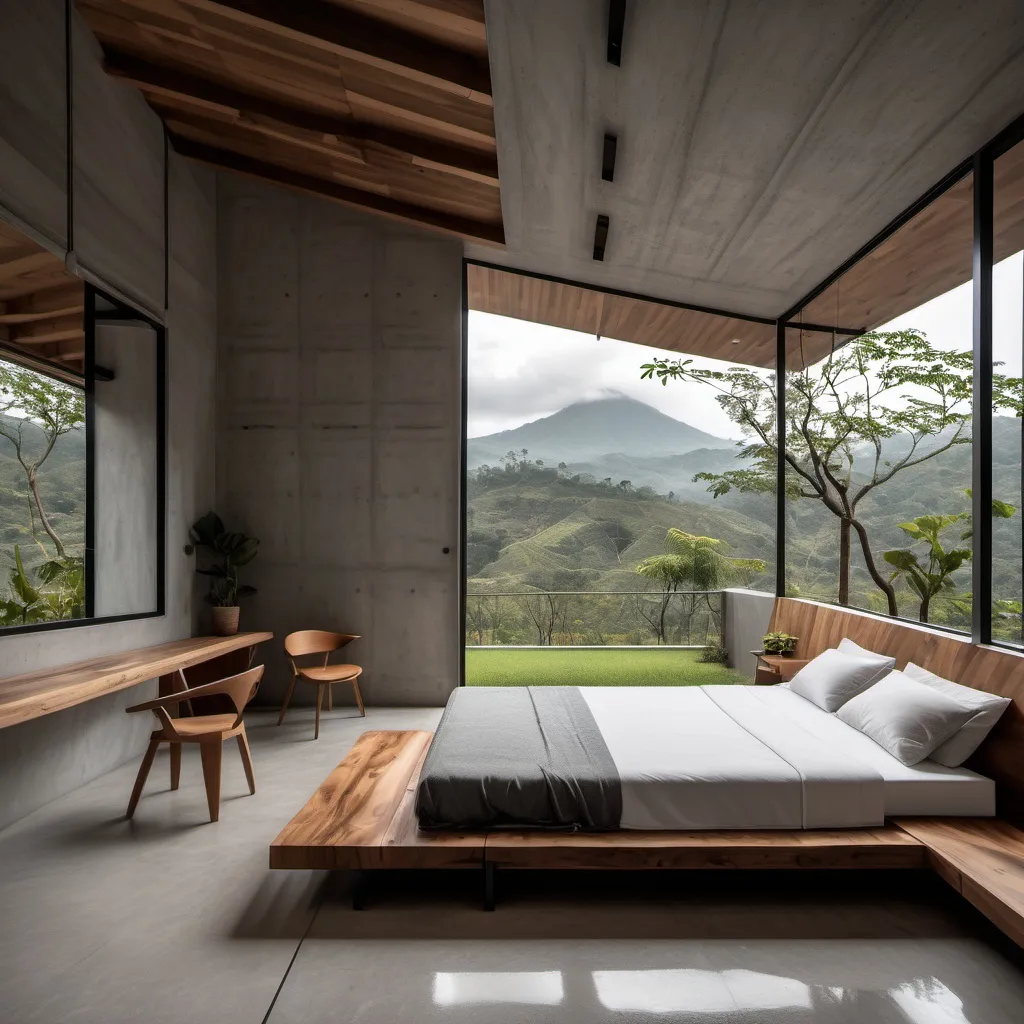 Prompt: generar diseño del interior de una habitación de una casa de descanso pequeña ubicada en las afueras de jalapa guatemala, terreno abierto con  bosque, sobre una montaña, hecho con materiales como piedra, madera, metal y concreto expuesto estilo minimalista y campestre